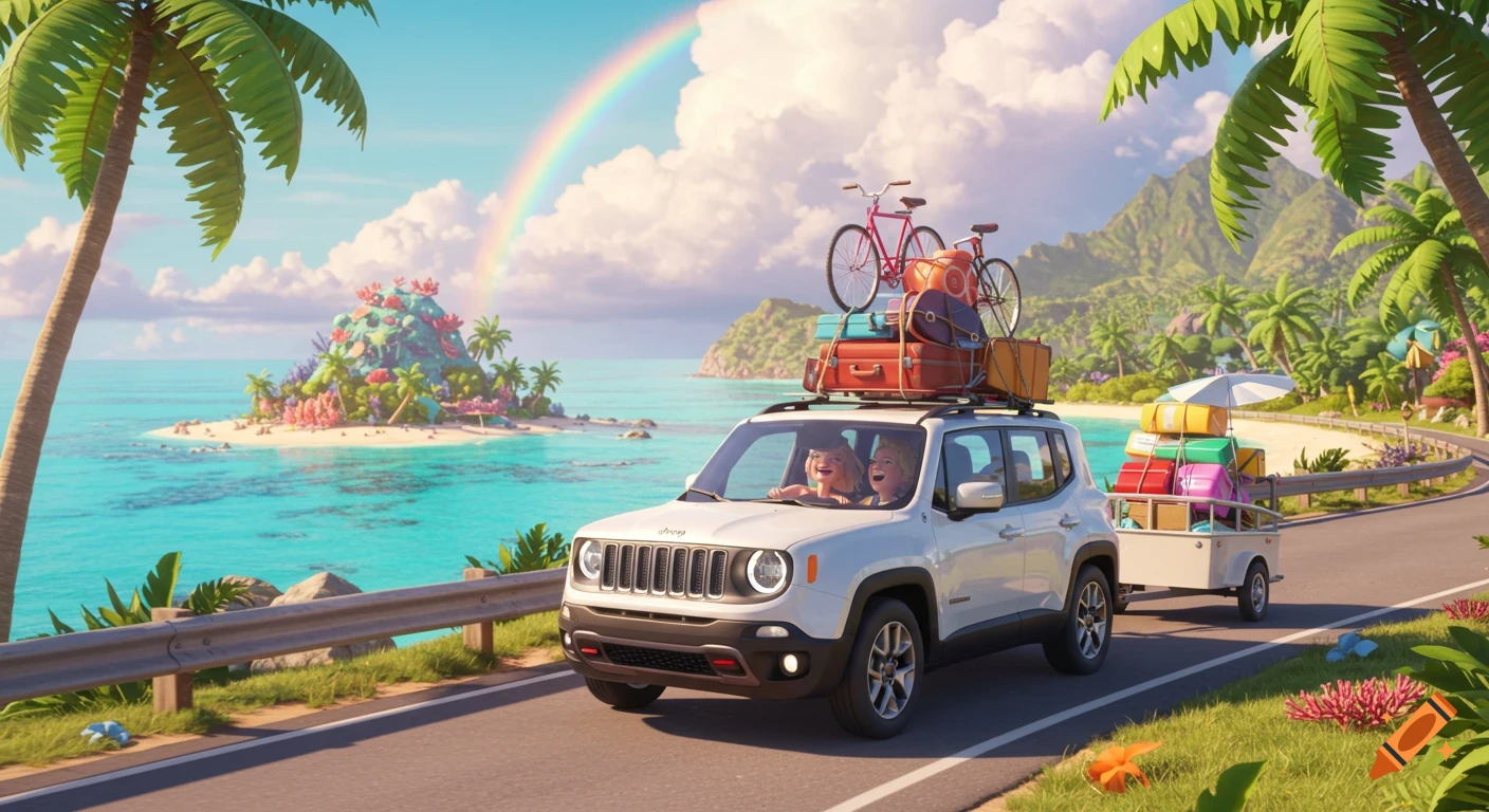 A white Jeep with a trailer and bicycles on top, driven by a blonde couple, travels a tropical coastal road under a rainbow in Pixar style.