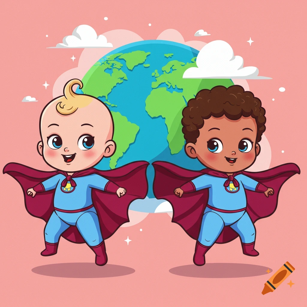 Two cartoon baby superheroes, one blonde, one with curly brown hair, in blue suits and burgundy capes, fly in front of Earth with clouds.