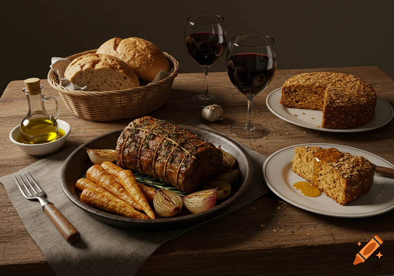 A photorealistic spread of herb-roasted lamb, carrots, onions, bread, red wine, and honey oats cake on a rustic wooden table with soft lighting.