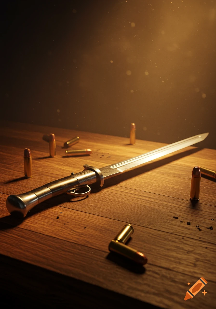 A close-up shot of a bayonet with a metallic handle and several bullets scattered on a wooden table, under dramatic lighting.
