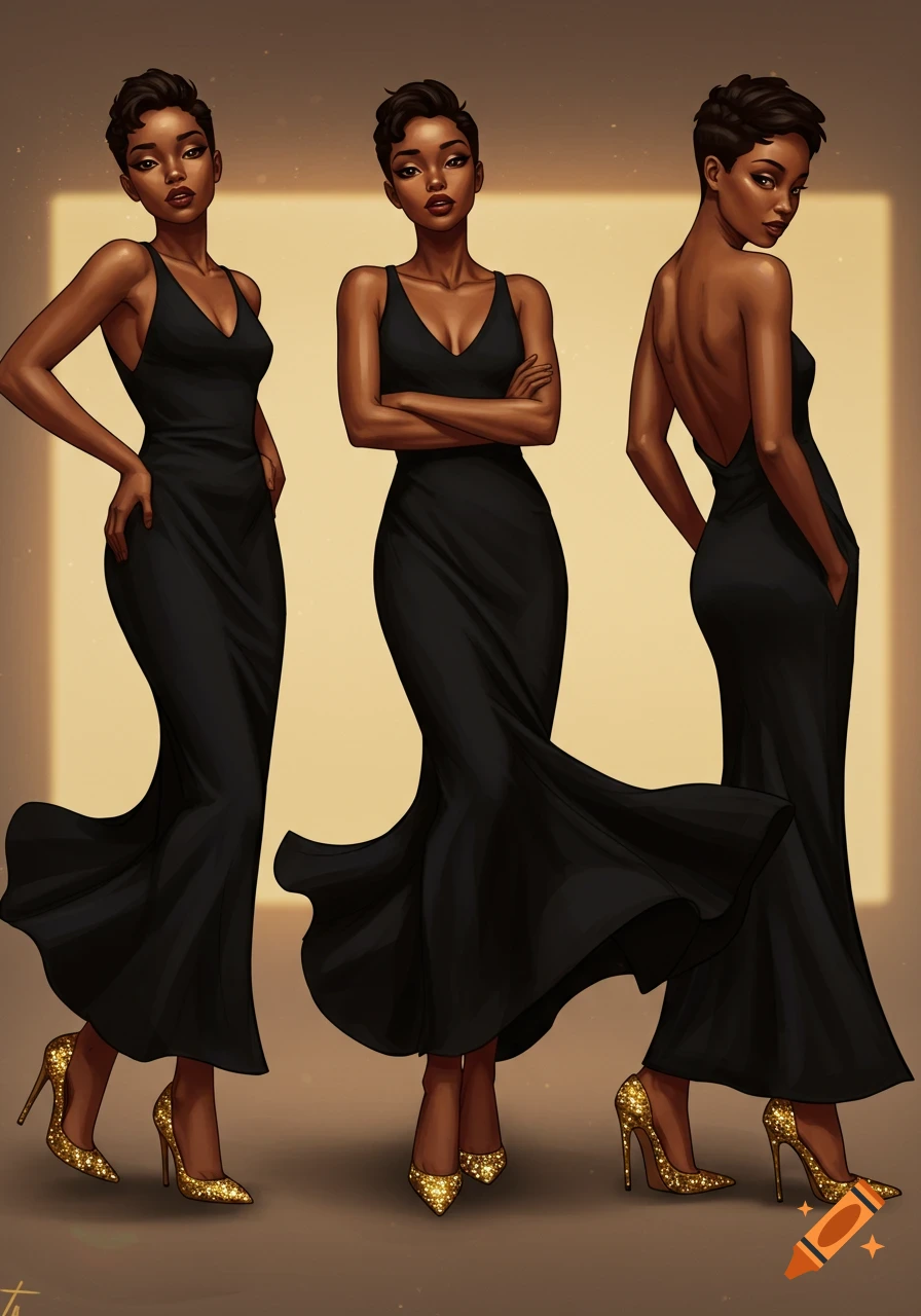 Three illustrations of an African American woman with a pixie cut, wearing a black evening dress and gold heels, posing elegantly.
