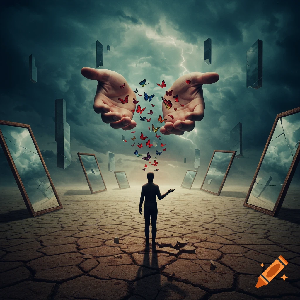 Surreal image: a silhouette stands on cracked ground, hands above release butterflies, amidst stormy skies and broken mirrors.
