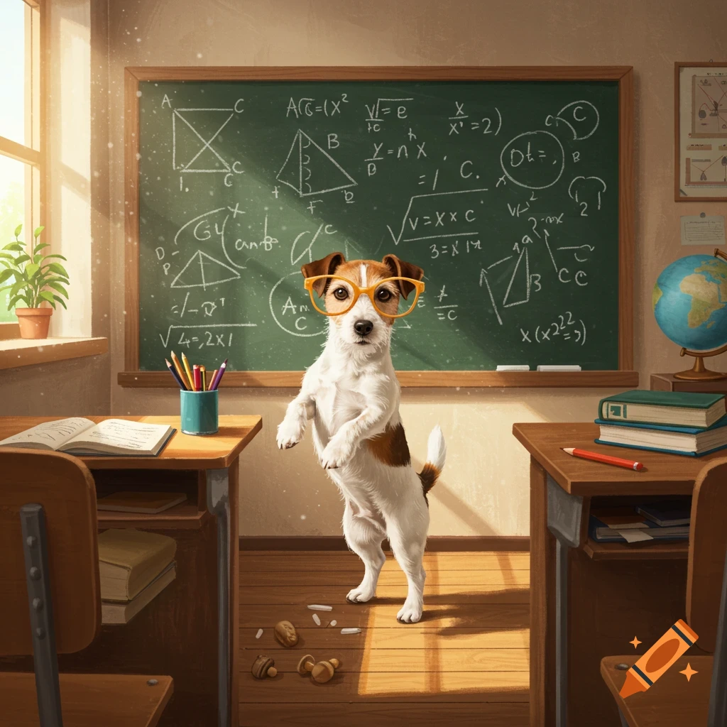 A cute Jack Russell dog with yellow glasses stands on its hind legs in a bright classroom. A blackboard behind it is covered with math equations.