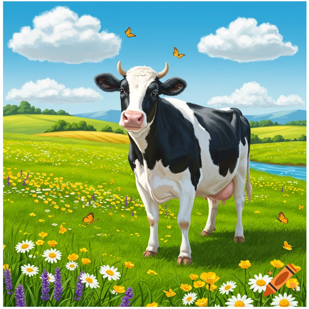 A black and white cow stands in a vibrant green field with colorful wildflowers under a blue sky with fluffy clouds. Illustrated.
