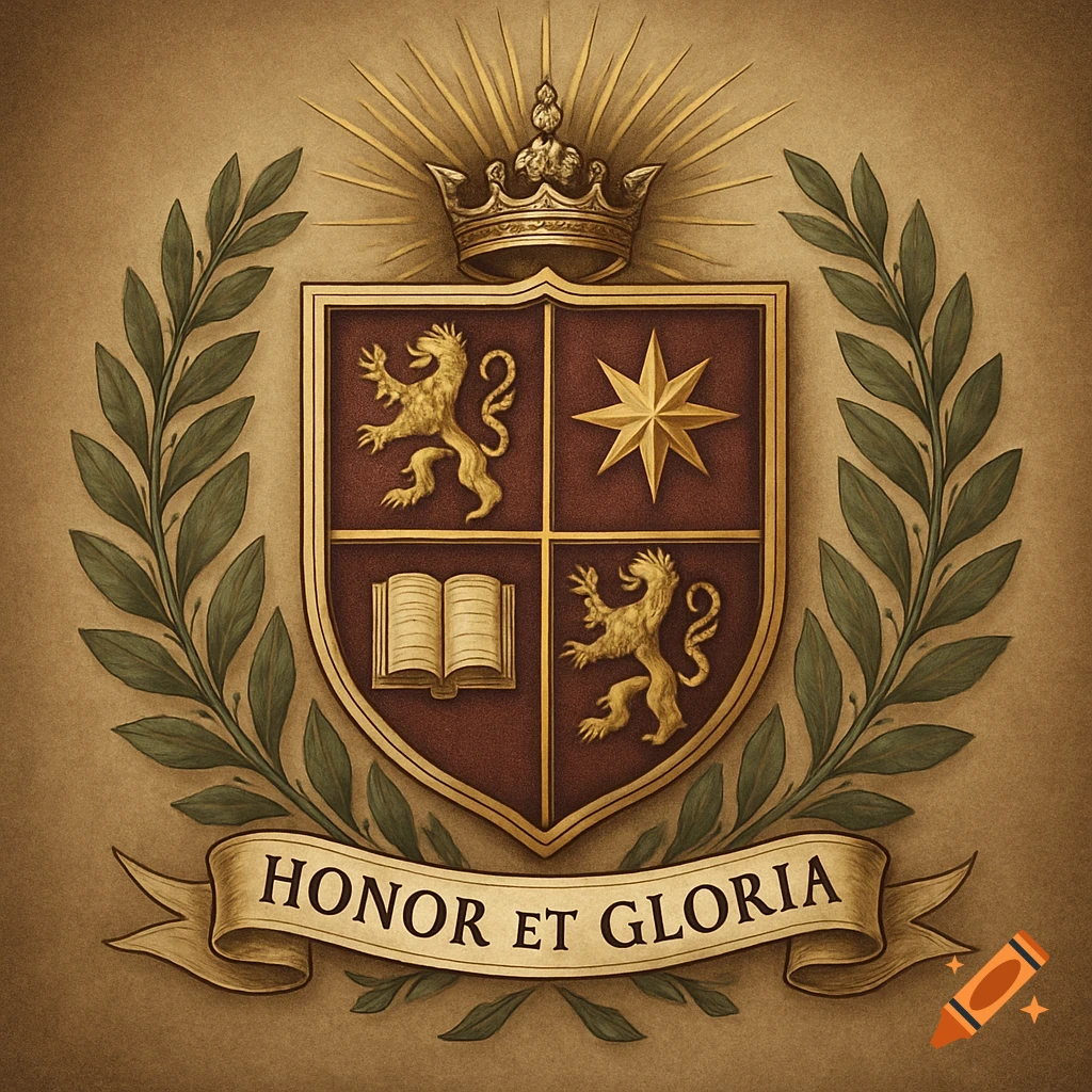 Vintage style coat of arms with a crowned shield, lions, a star, an open book, and 'HONOR ET GLORIA' on a banner, surrounded by laurel.