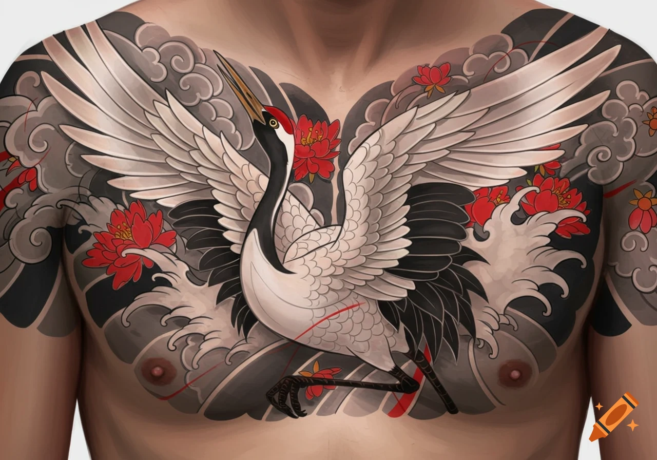 Japanese style tattoo of a white crane with red flowers and gray waves on a man's chest.