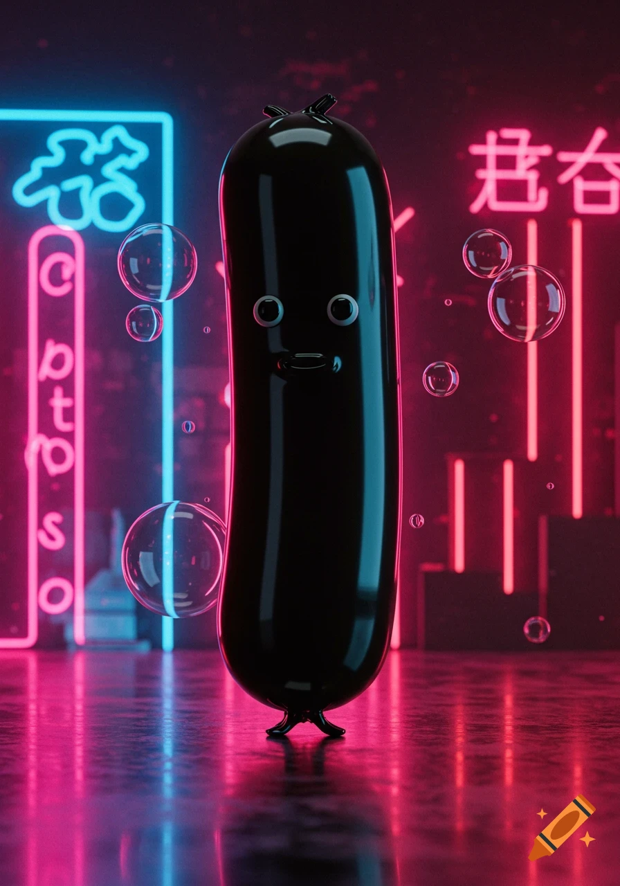 A shiny black, hotdog-shaped character with eyes and a mouth stands on a reflective floor, surrounded by glowing blue and pink neon signs and bubbles.