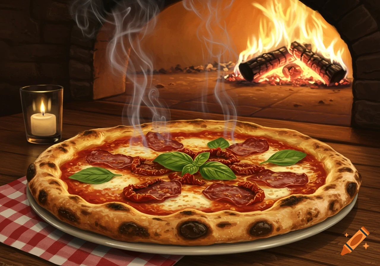 A steaming, freshly baked wood-fired pizza with basil and pepperoni on a wooden table, with an oven and candle in the background.