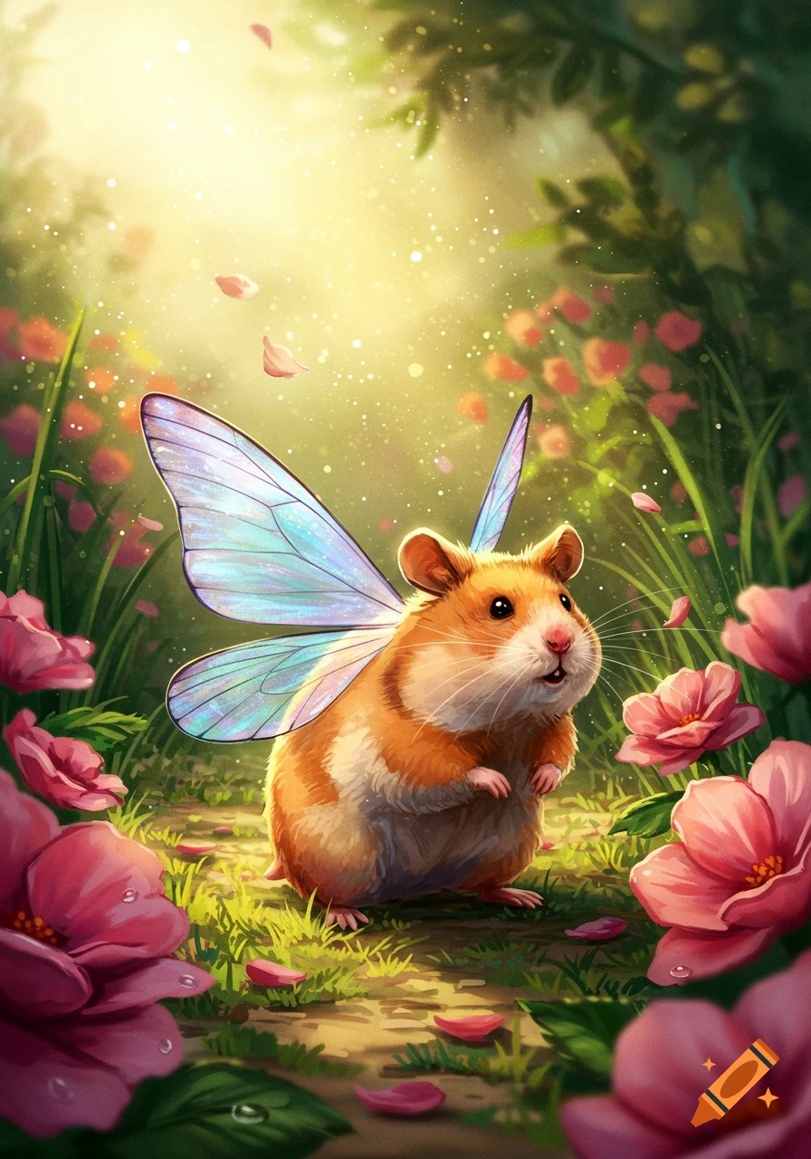A whimsical hamster with iridescent butterfly wings stands in a sunny garden amidst pink flowers and floating petals.