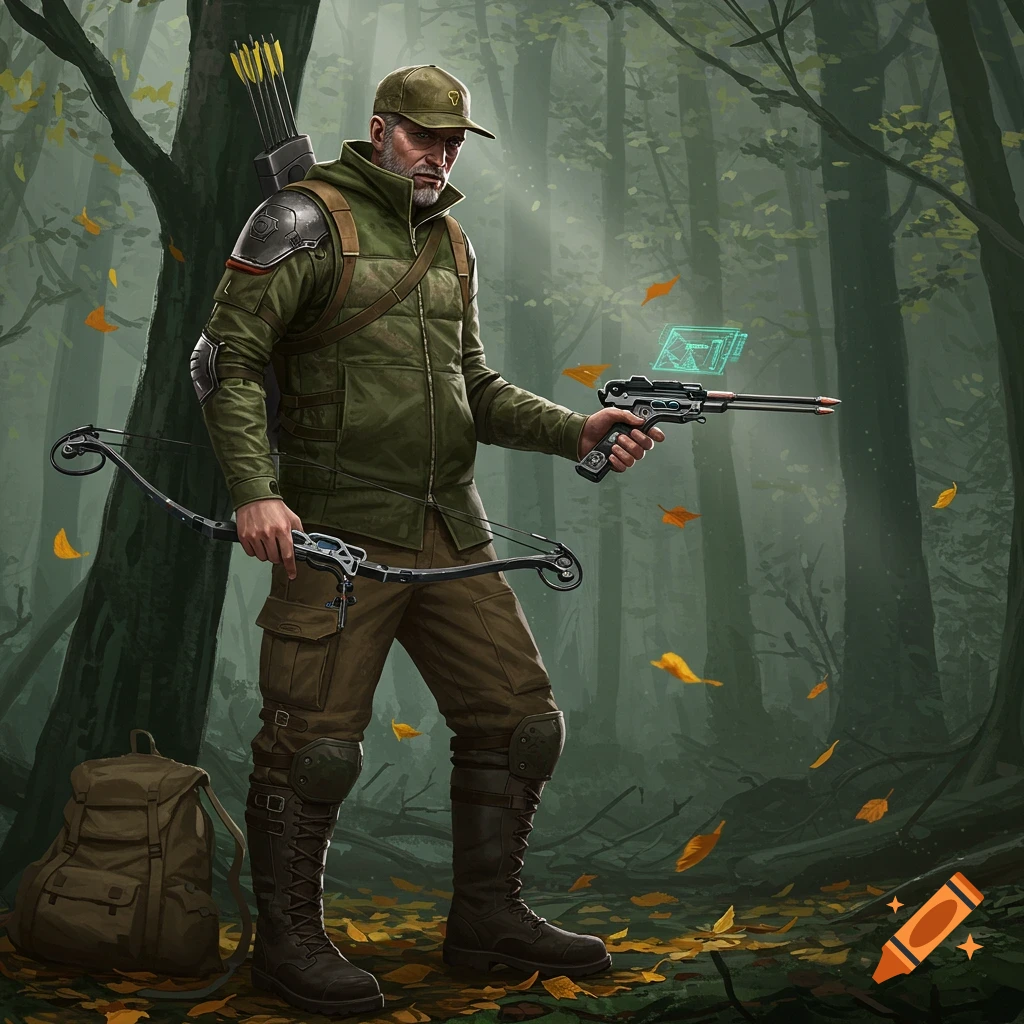 A man in a forest wearing hunting gear and holding a bow and a futuristic weapon with a holographic display.