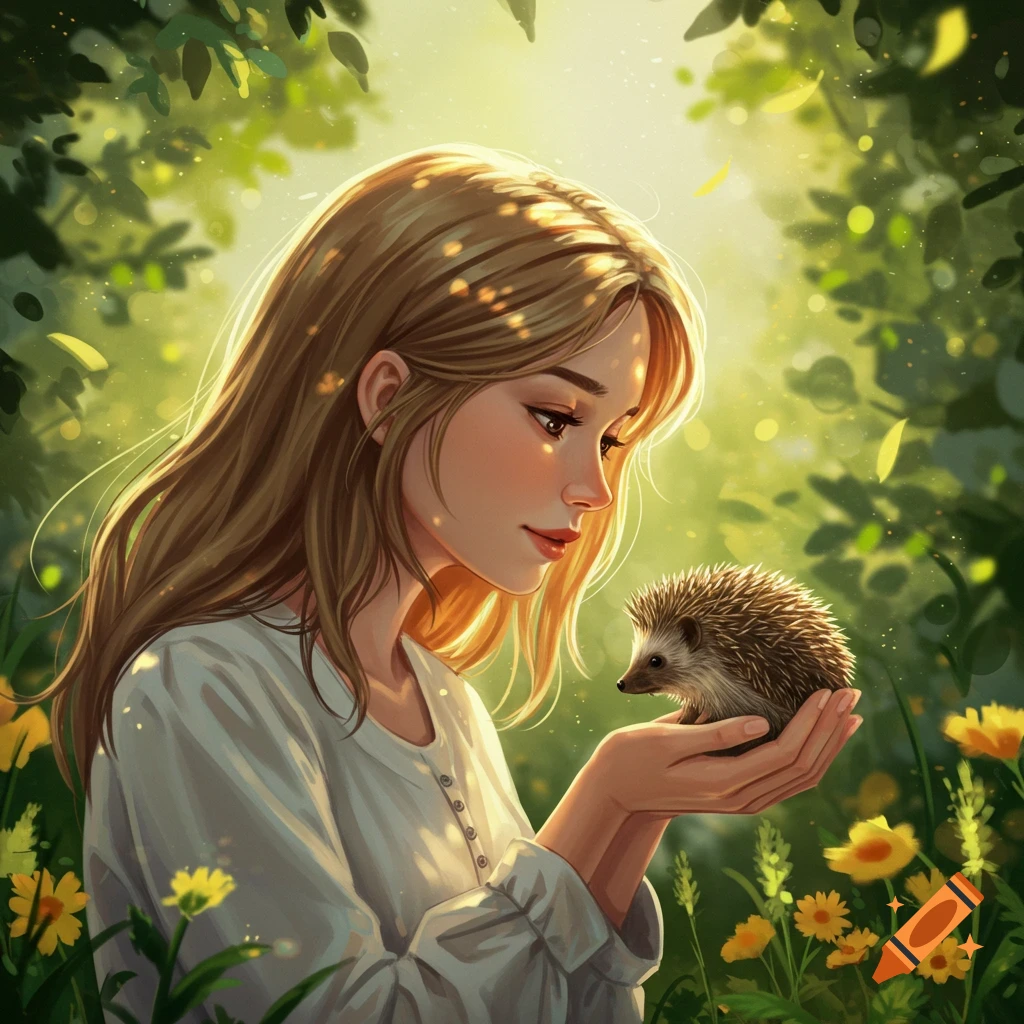 Illustrative image of a young woman gently holding a hedgehog in a sunlit forest with green foliage and yellow flowers.