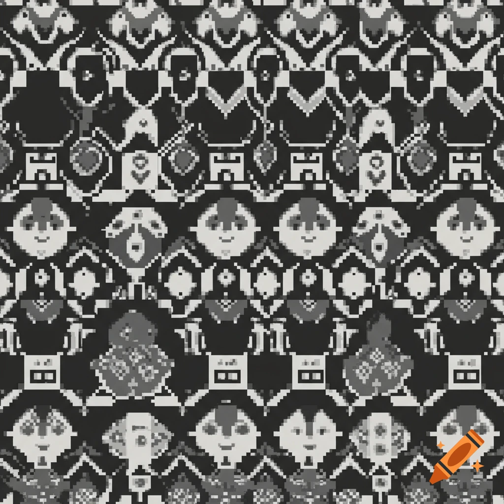 A seamless monochrome pixel art pattern featuring abstract stylized faces and geometric shapes.