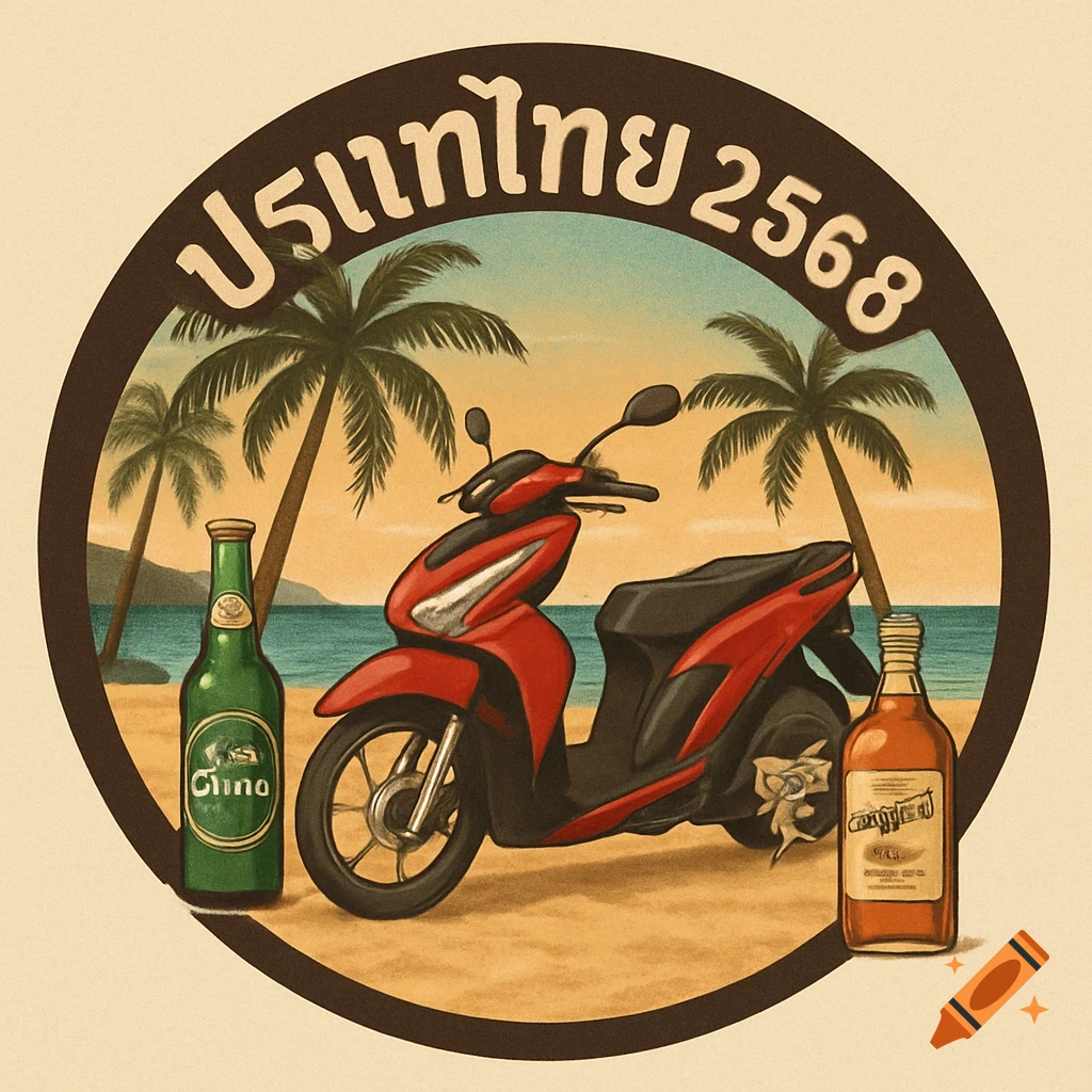 A vintage-style circular logo featuring a red scooter on a sandy beach with palm trees, a green beer bottle, and a brown rum bottle. Text at the top reads "Thailand 2568" in Thai.