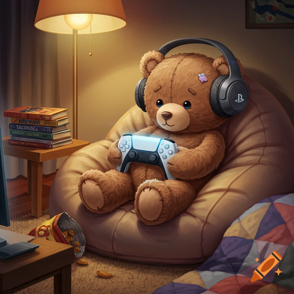 A cute brown teddy bear wearing headphones sits on a bean bag, playing a video game with a white controller in a cozy room.
