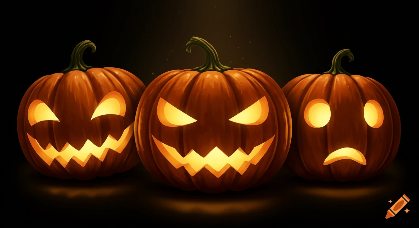 Three glowing jack-o'-lanterns with varied expressions, two grinning and one sad, on a dark background.