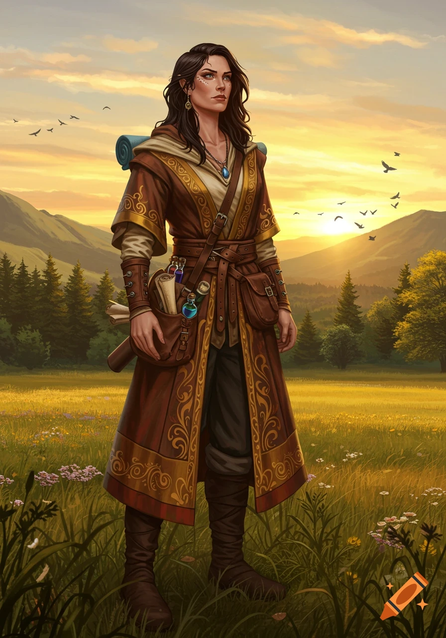 A strong woman in brown and gold medieval fantasy travel robes stands in a vibrant field with mountains and a sunset.