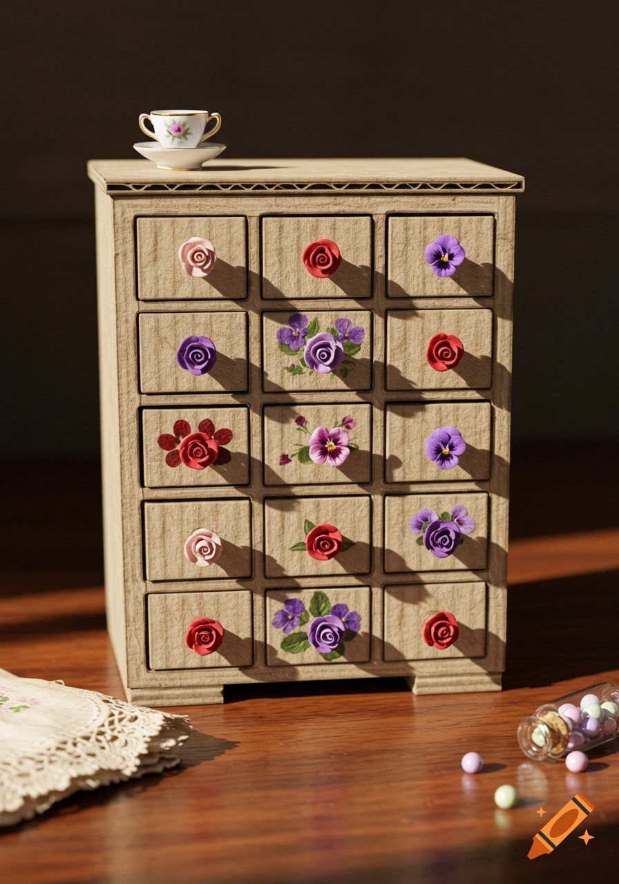 A miniature cardboard dresser with floral knobs and painted flowers, a tiny teacup on top, and scattered beads on a wooden table.