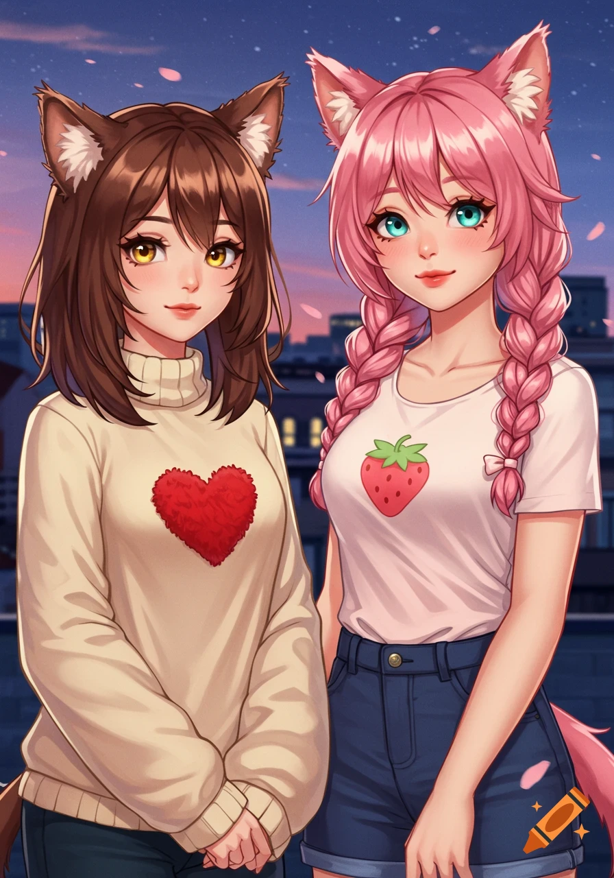 Two anime cat girls, one in a cream sweater with a red heart, the other in a white t-shirt with a strawberry, under a dusk sky.