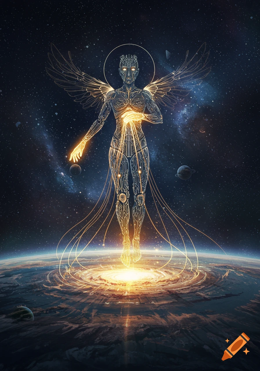 A glowing, winged humanoid figure made of circuit patterns with a halo hovers above Earth in a starry cosmos.