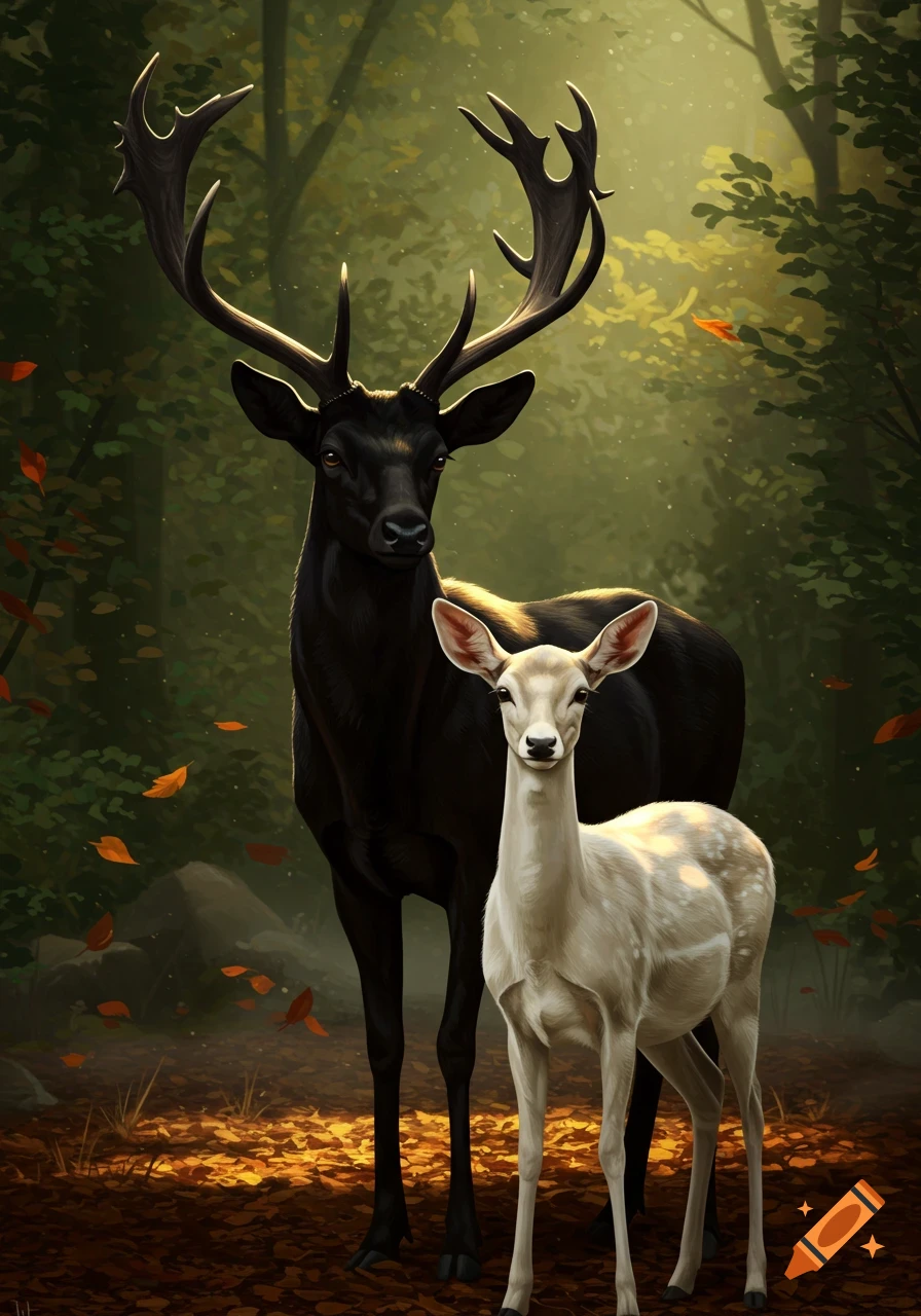 A black buck deer with antlers and a white doe deer stand in a sun-dappled autumn forest.