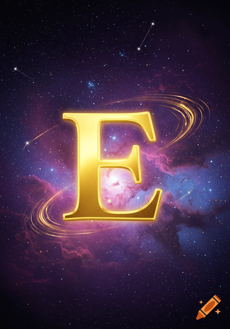 A golden letter E floats majestically in a cosmic background of swirling purple and blue nebulae and stars.