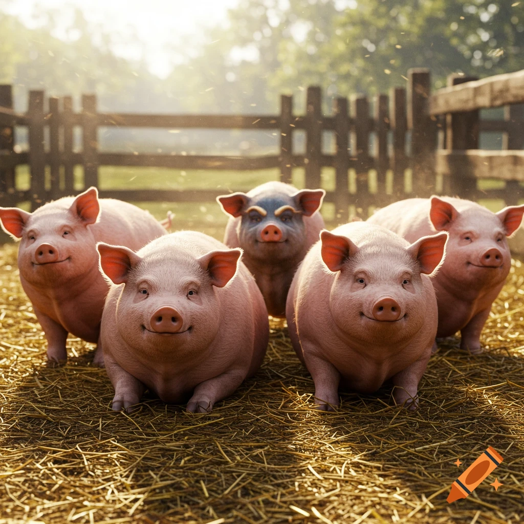 Five chubby, smiling pigs with unusual expressions gaze forward on a straw-covered farm in bright sunlight.