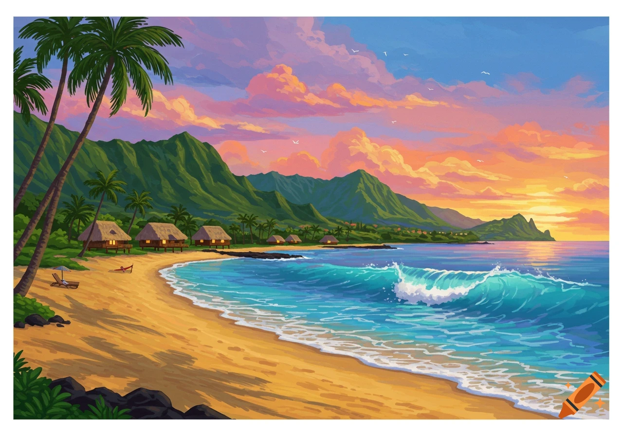 Vibrant illustration of a tropical beach at sunset with thatched huts, palm trees, mountains, and waves crashing on the shore.