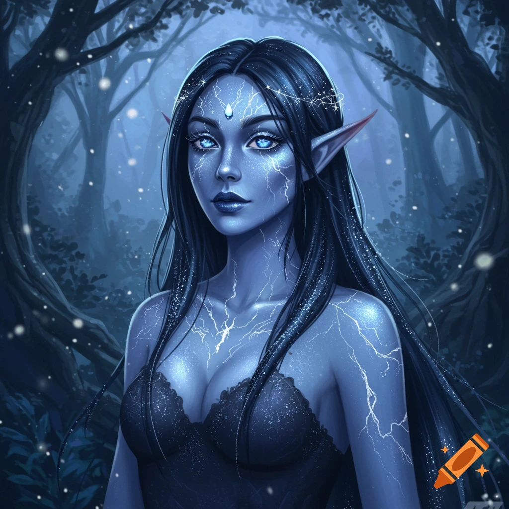 A pale blue elf with glowing white patterns on her skin, dark blue hair, and bright blue eyes, in a dark, misty forest.