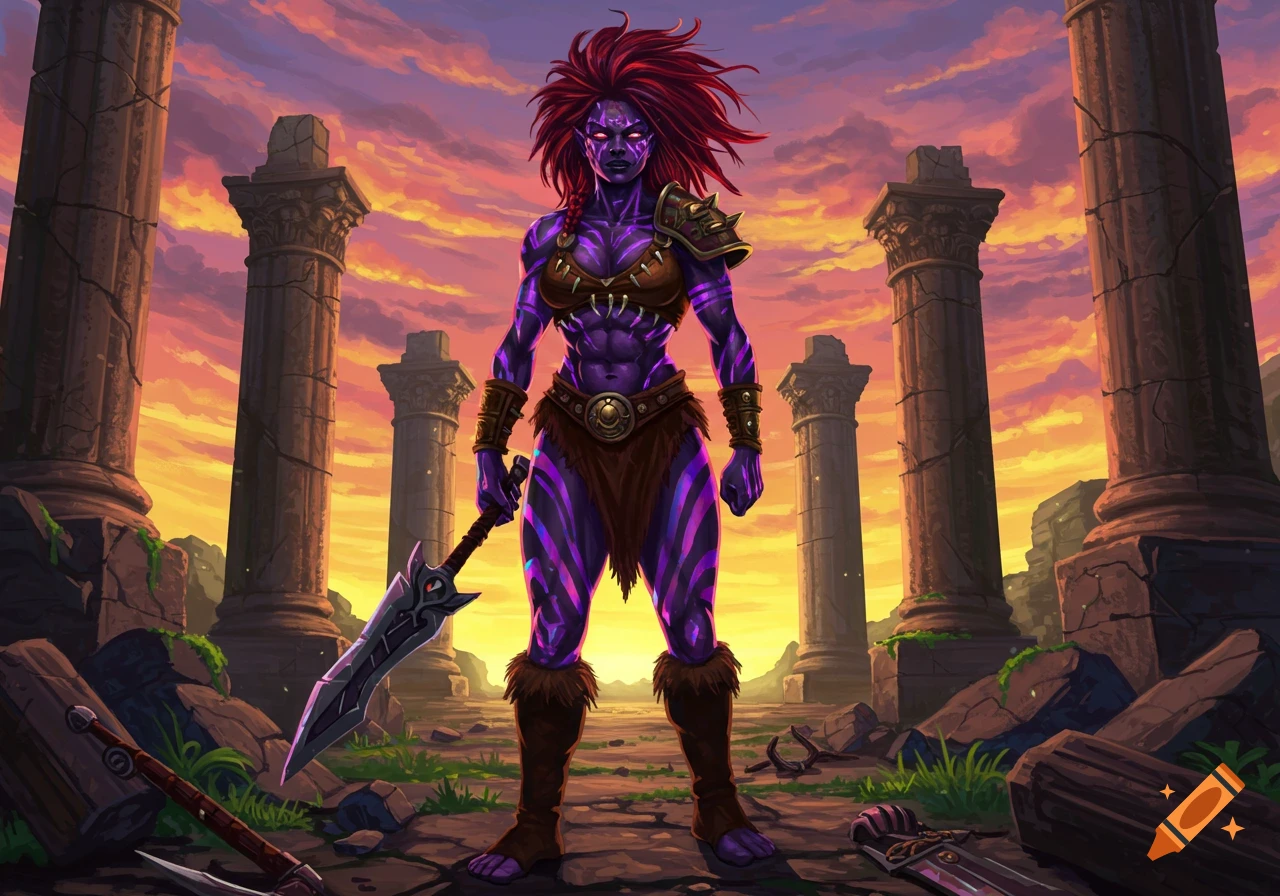 Muscular purple barbarian woman with red hair and a sword stands among ancient ruins against a vibrant sunset, fantasy art style.