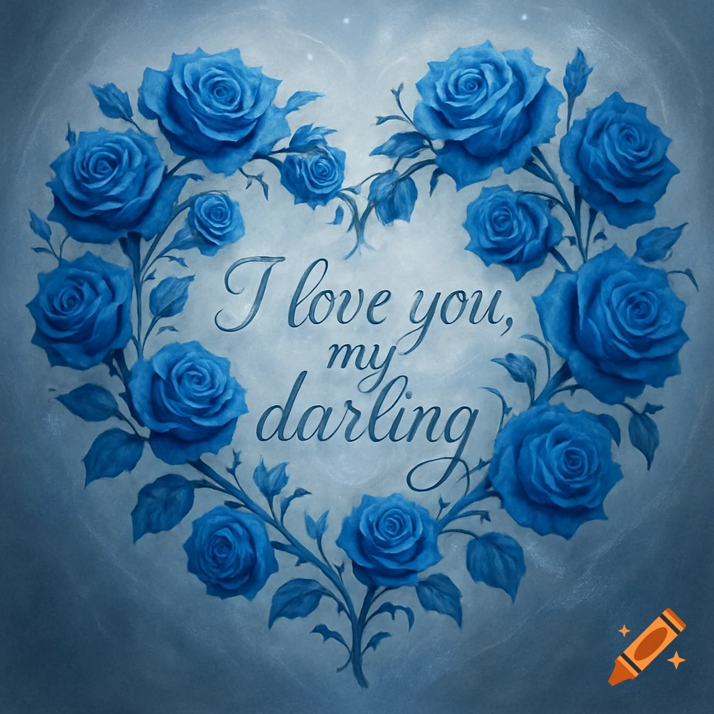 A heart-shaped wreath of vibrant blue roses on a blue textured background, with the text 'I love you, my darling' in the center.