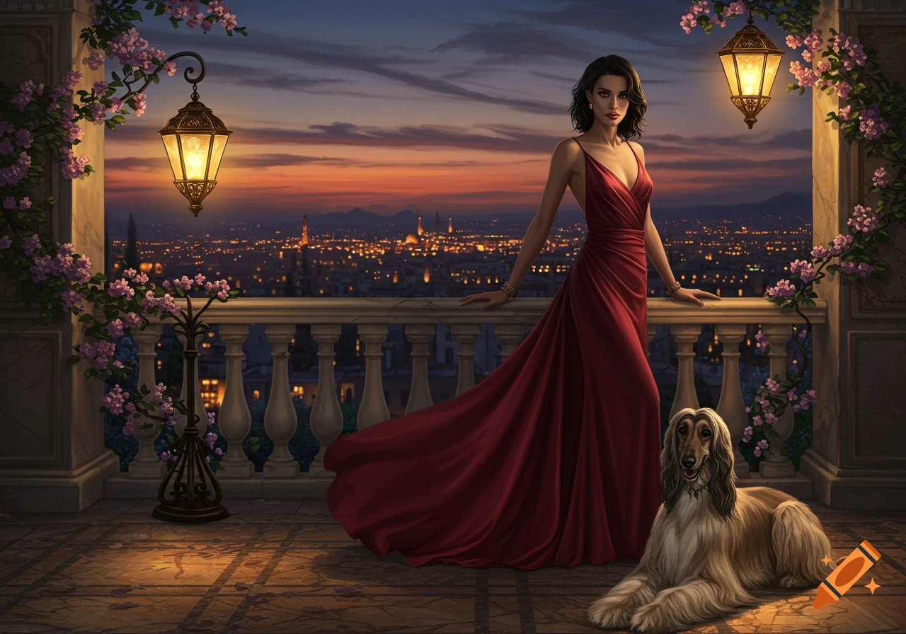 An elegant woman in a red gown stands on a balcony with an Afghan Hound, overlooking a city at sunset.