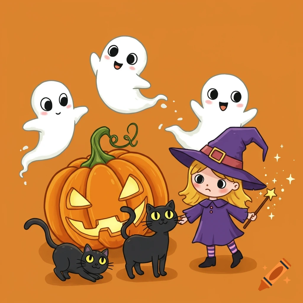 Cartoon Halloween scene with a witch girl, three happy ghosts, a jack-o'-lantern, and two black cats on an orange background.