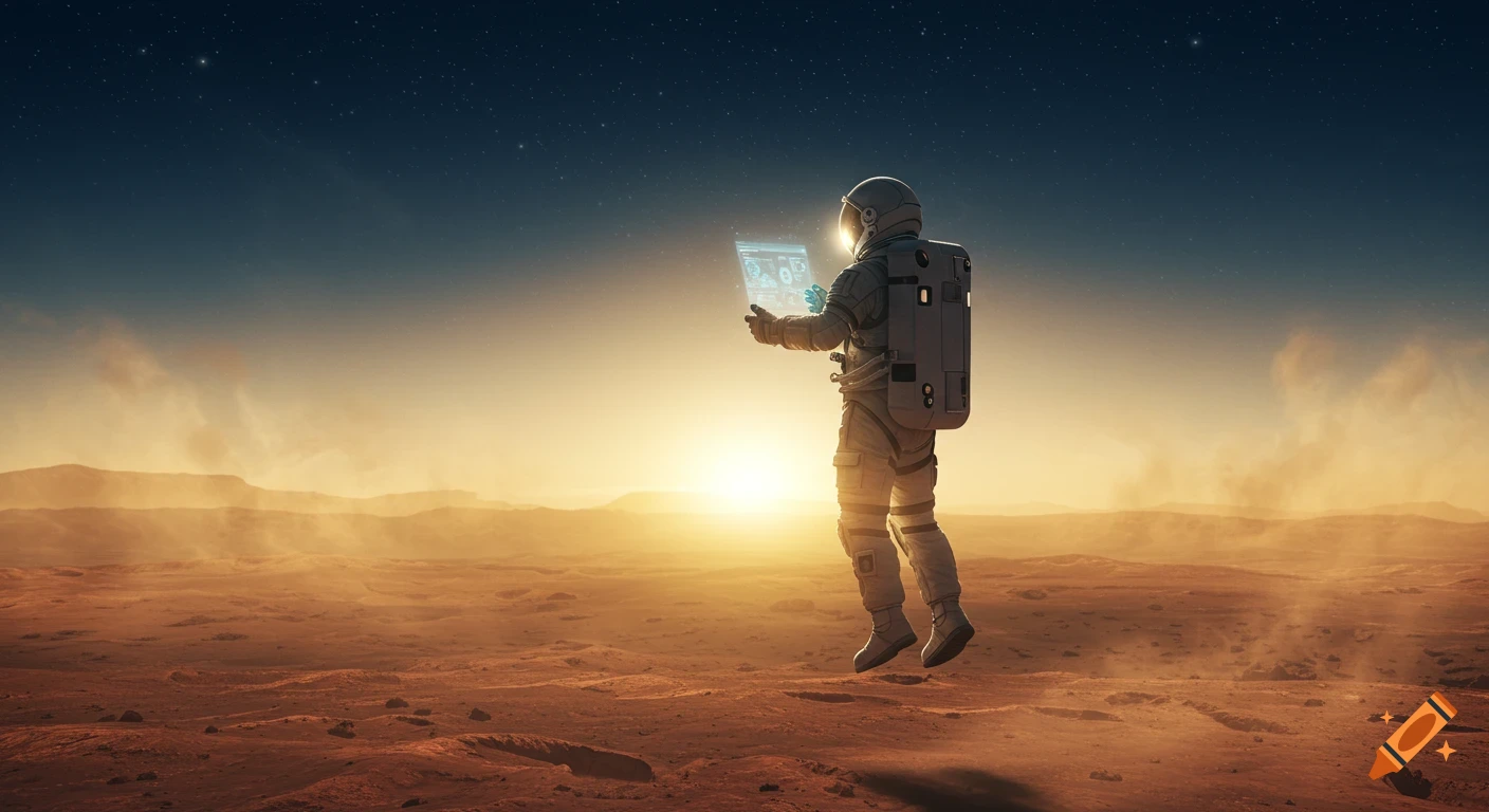 An astronaut floats above a dusty red Martian landscape at sunrise, holding a glowing holographic tablet.