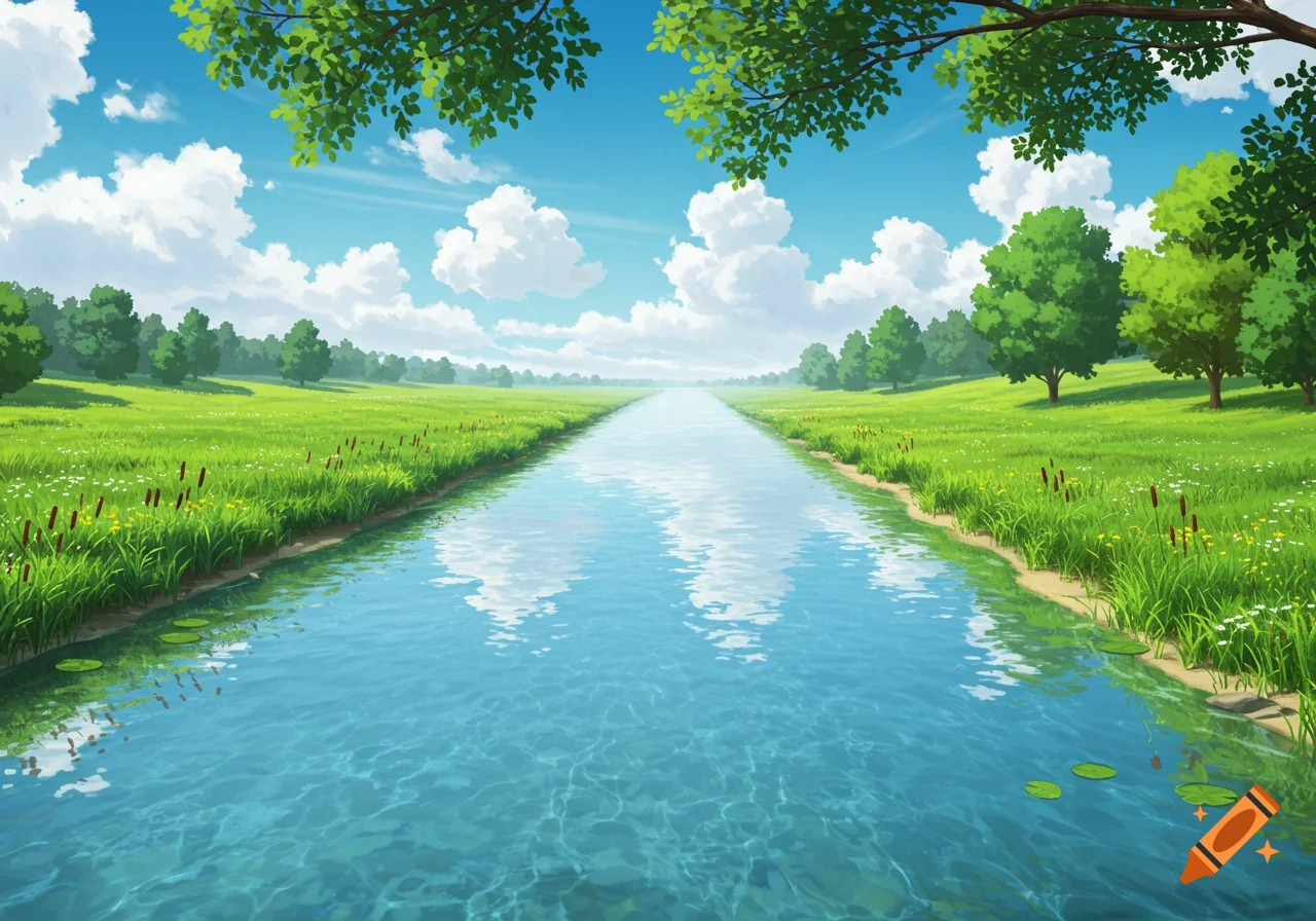 An illustration of a straight river flowing through vibrant green fields with trees under a blue sky with white clouds.
