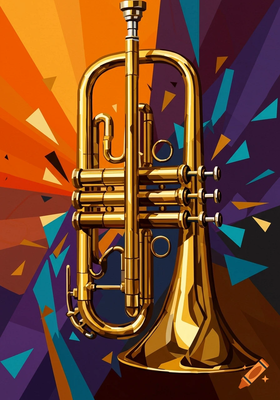 Cubist golden trumpet against a vibrant, geometric abstract background.