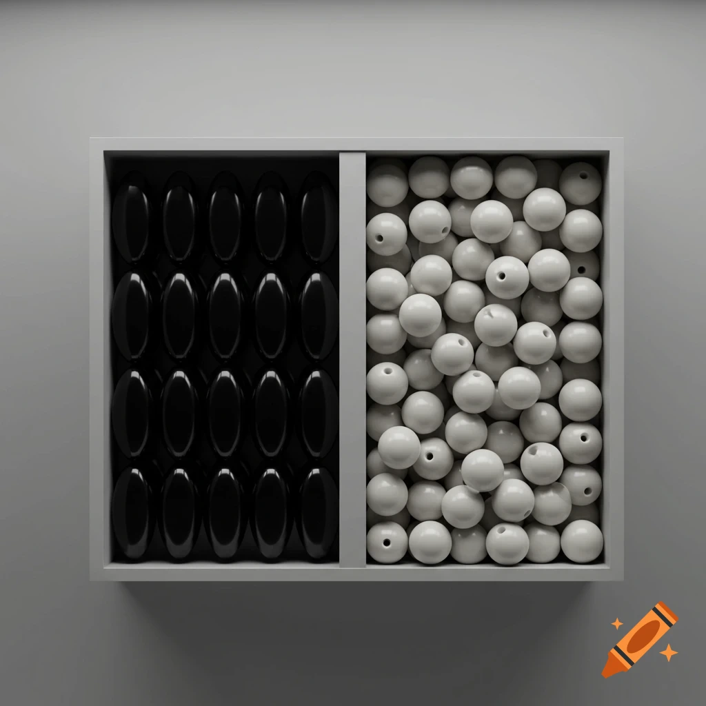 Overhead view of a rectangular box with two compartments. The left side holds shiny black elongated oval shapes, and the right side is filled with white spherical beads with holes.