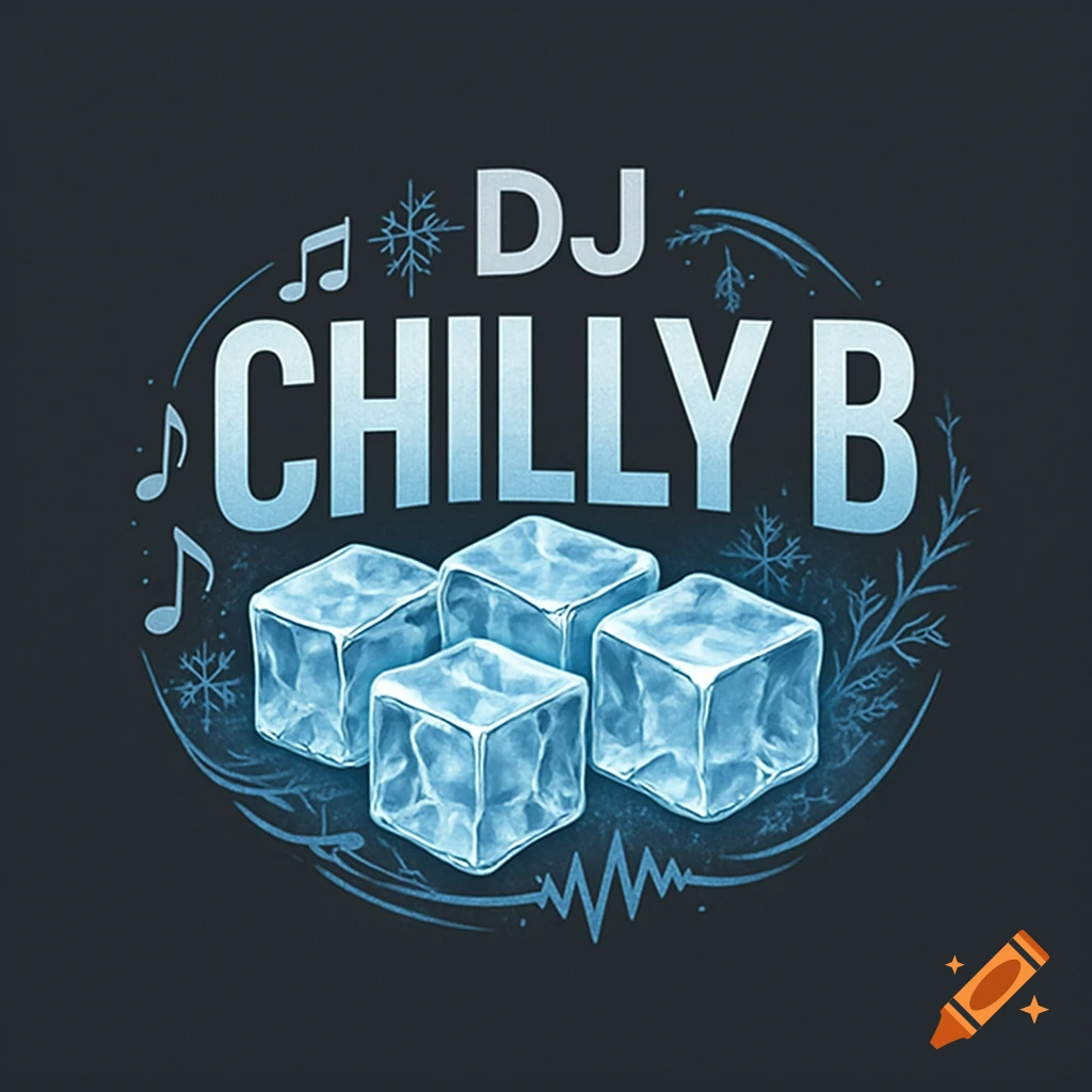 Logo for DJ Chilly B featuring blue text and four icy blue cubes with musical notes and snowflakes.