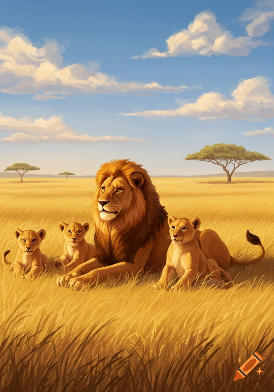 A painted male lion and three cubs sit in golden savanna grass with acacia trees and clouds in the background.
