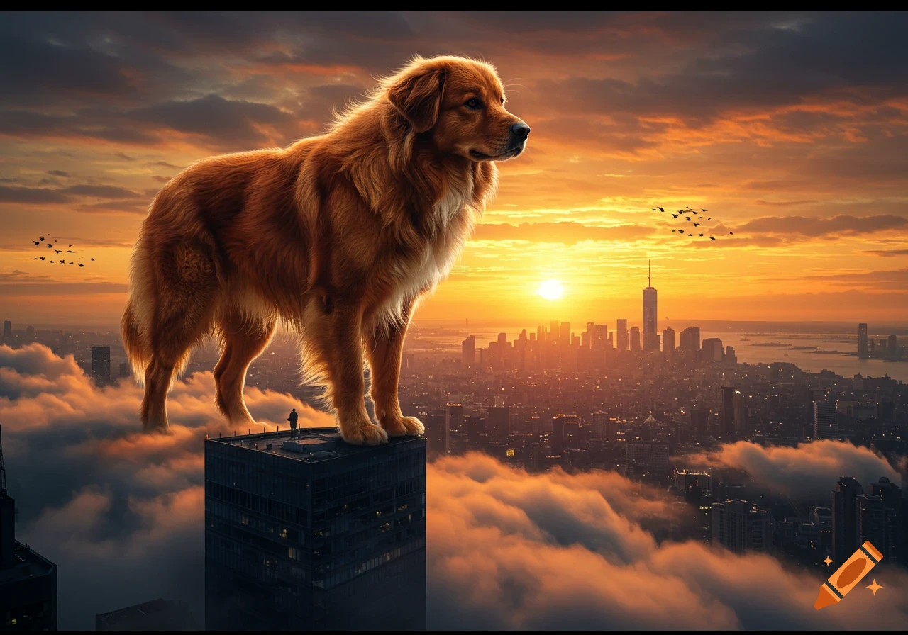 A giant golden retriever stands on a skyscraper's roof overlooking a sprawling city at sunset, with clouds around the buildings.