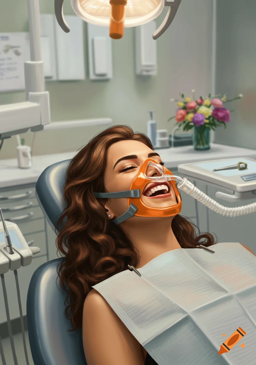 A brunette woman with an orange nasal mask laughs in a dentist's chair, dental equipment in the background.