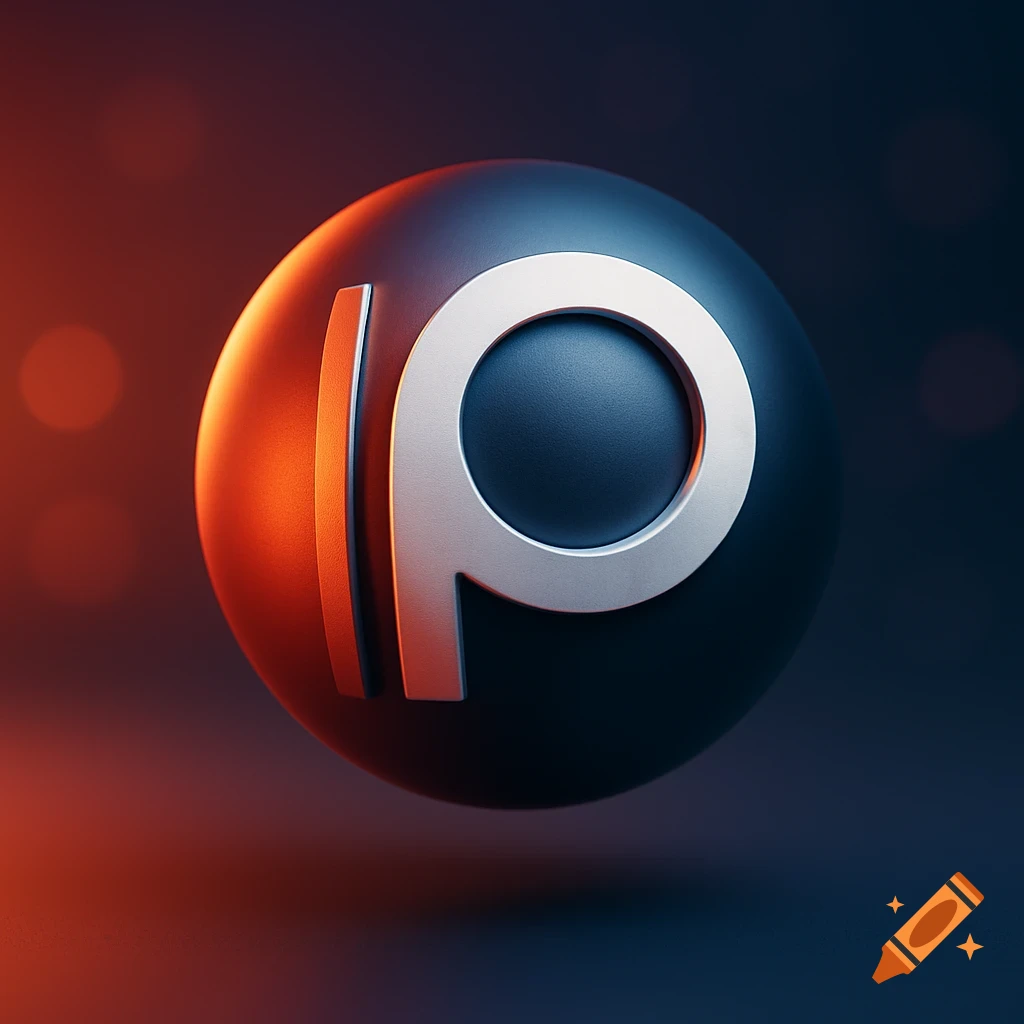 A stylized 3D render of a dark blue sphere with a silver letter 'P' and an orange vertical bar, illuminated by orange and blue light.