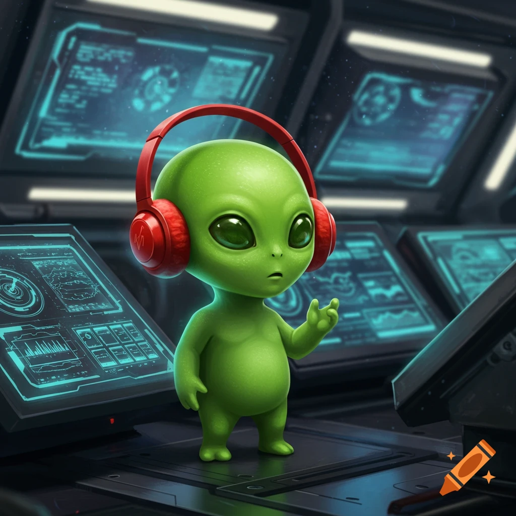 A cute green alien with big eyes and red headphones stands in a futuristic spaceship control room filled with glowing screens.