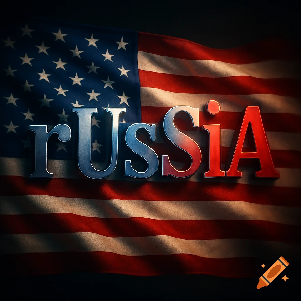 The word 'rUsSiA' in metallic blue and red letters is emblazoned over a waving American flag, dramatically lit.