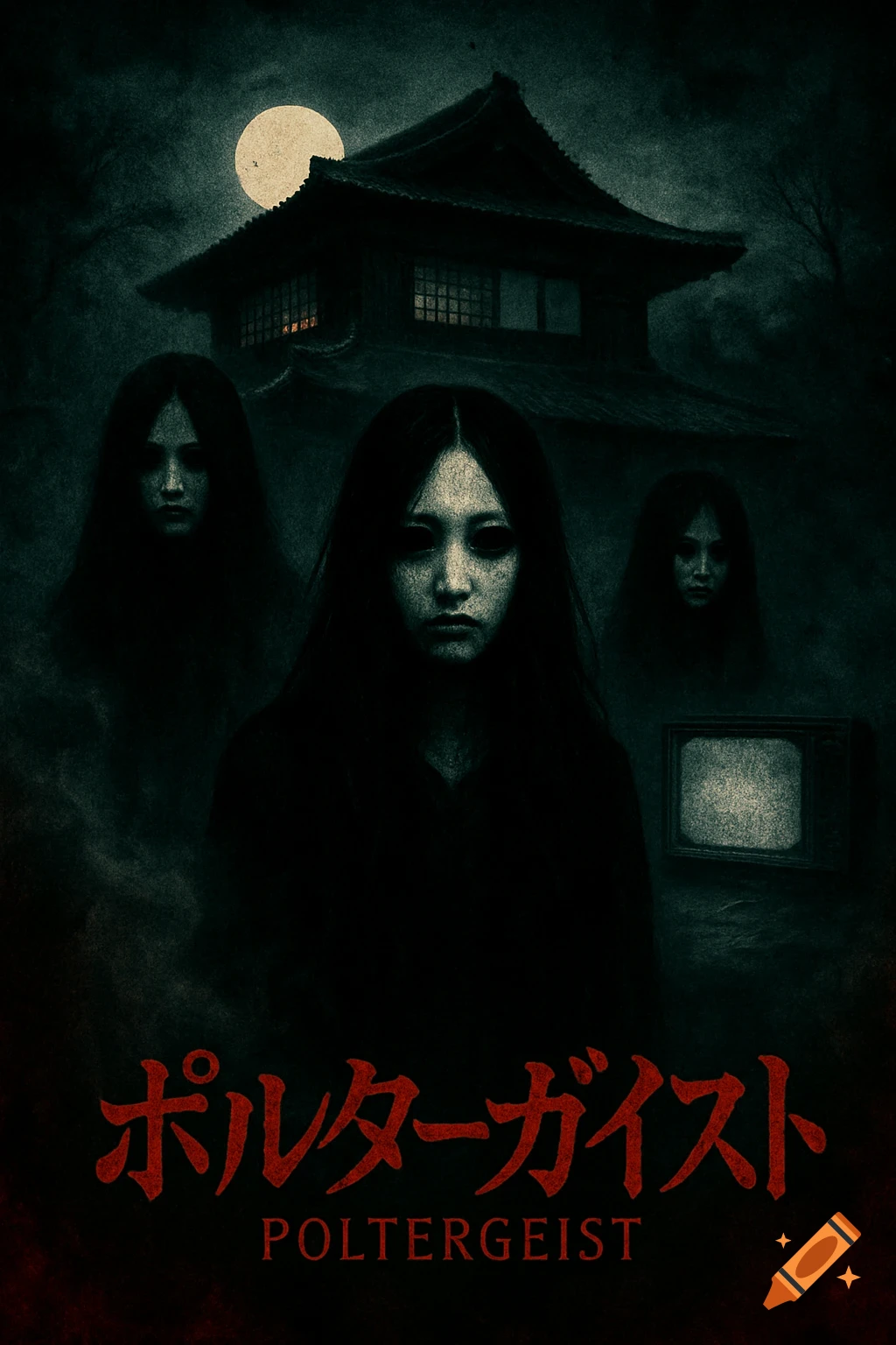 A dark horror movie poster featuring three pale ghostly figures with long black hair, empty eyes, a haunted Japanese house, and a full moon. Text reads 'Poltergeist'.