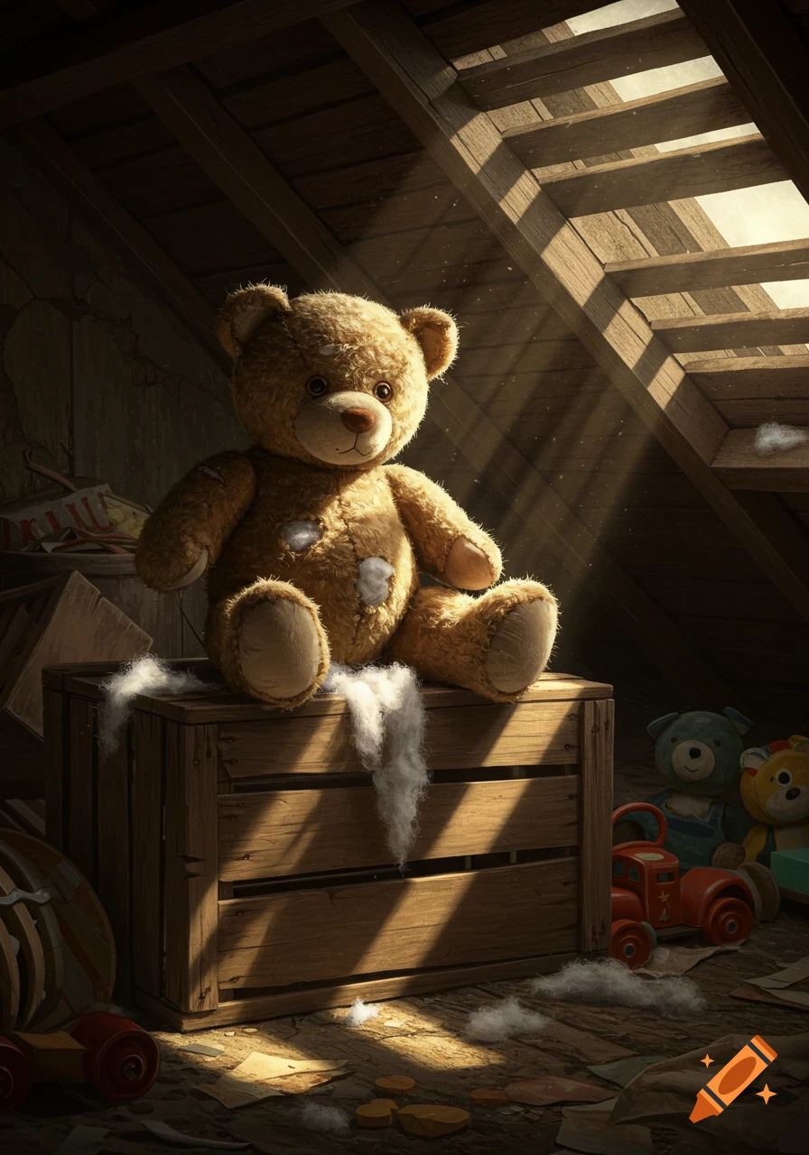 A worn teddy bear with stuffing spilling out sits on a wooden crate in a dusty, sunlit attic with old toys.