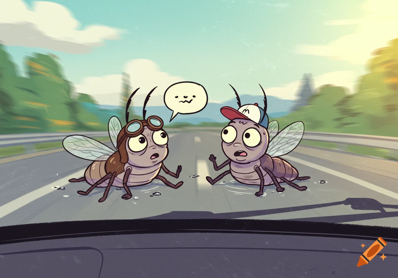 Two squished cartoon bugs, one with pilot goggles and another with a baseball cap, talk on a car windshield, highway blurred in the background.