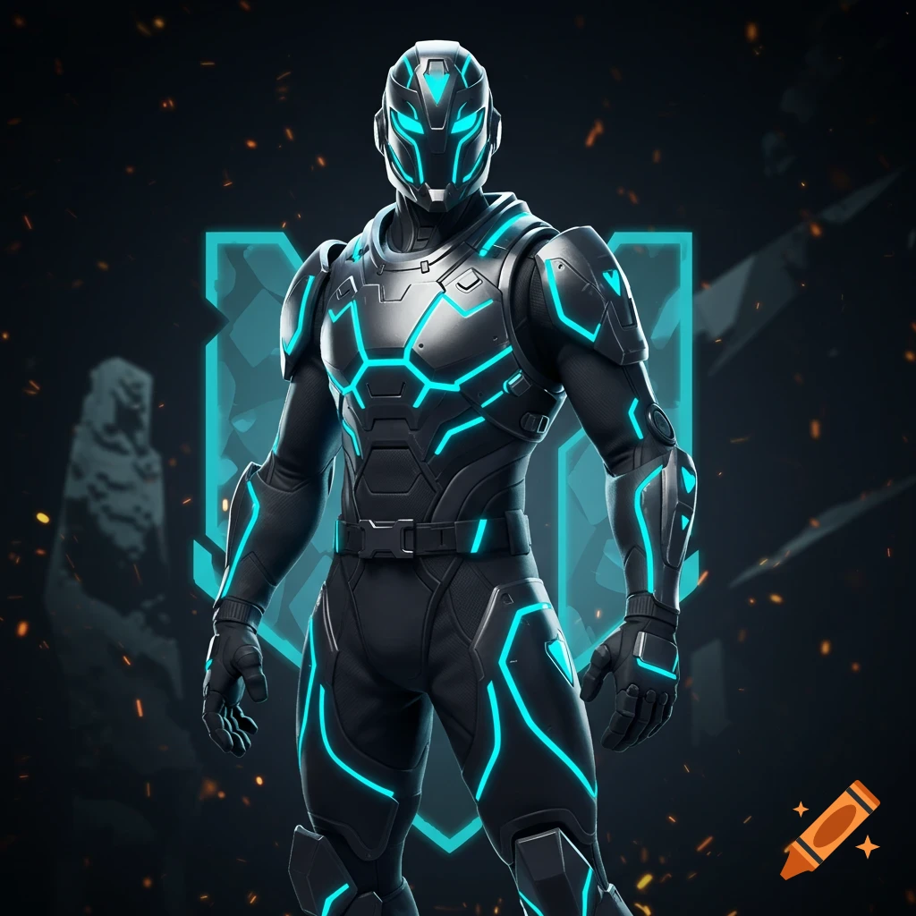 A futuristic armored figure with glowing blue cybernetic lines stands against a dark background with an abstract logo.