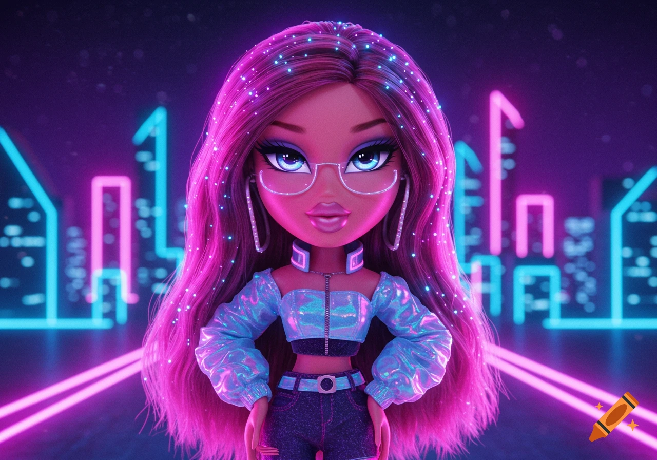 A stylish Bratz doll with glowing pink hair, glasses, and a holographic top in a neon cyberpunk city.