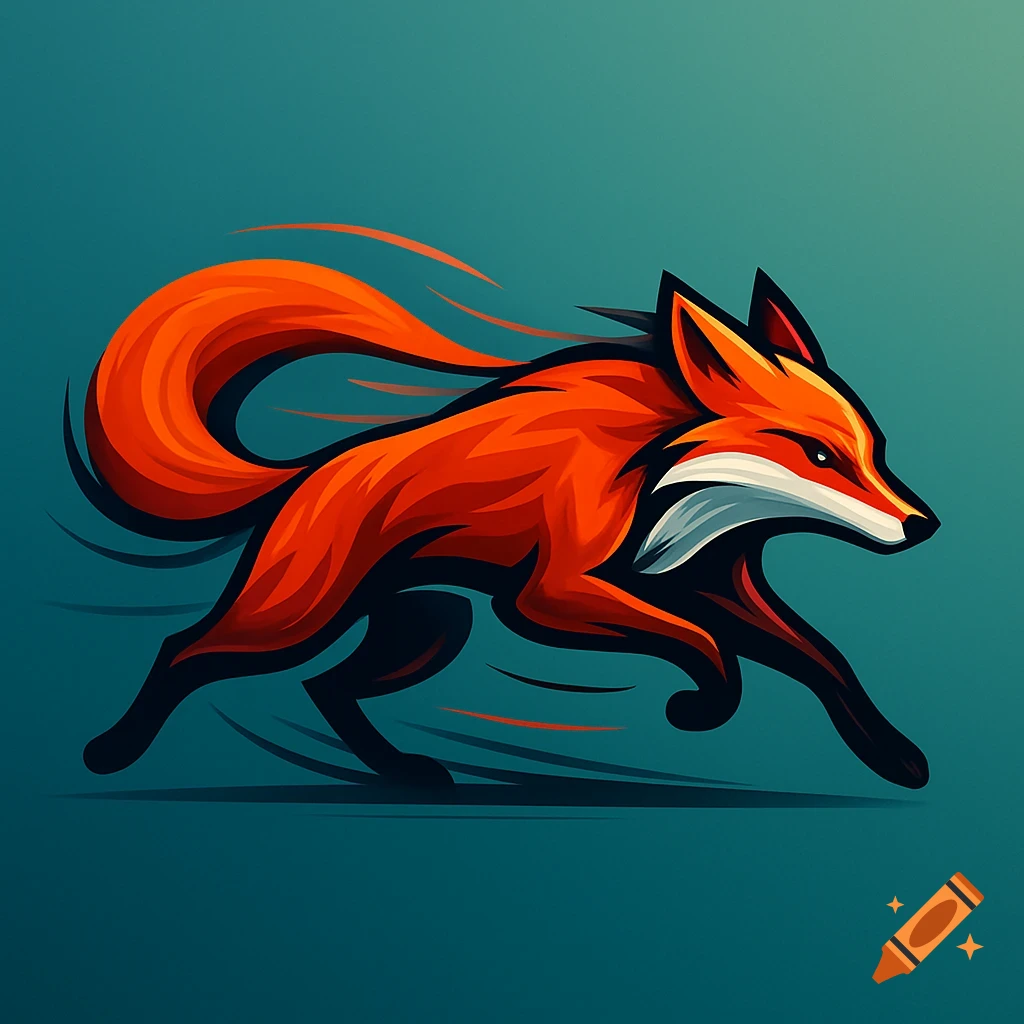 A stylized red fox in a dynamic running pose, depicted as a vibrant graphic illustration against a teal background.