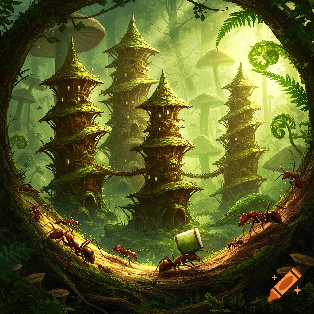 Fantasy painting of an ant city with tall, mossy structures in an enchanted forest with giant mushrooms and ants on a log.